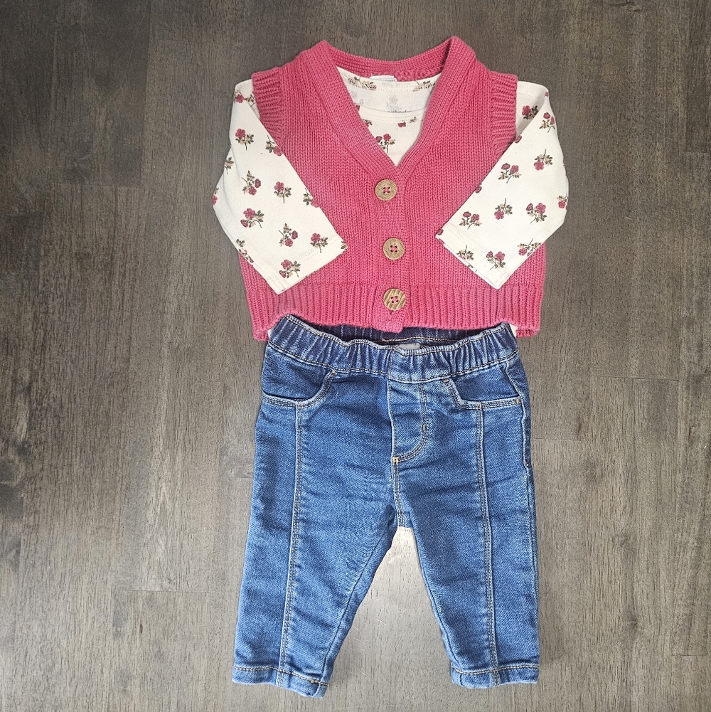 Carter's Maroon Knit Vest with Floral Bodysuit And Jeans Outfit